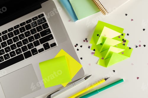 Preview: Flat lay Christmas decoration Office workplace