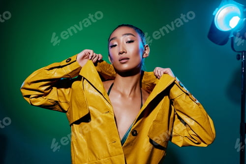 Preview: Beauty woman disco neon colorful glamour trendy light shine green yellow fashion