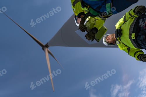 Preview: Team of four engineers in white hard hats and high-visibility gear pointing at wind turbine