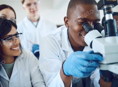 Preview: Microscope, science and scientist team with study test for research, medicine innovation and biotec