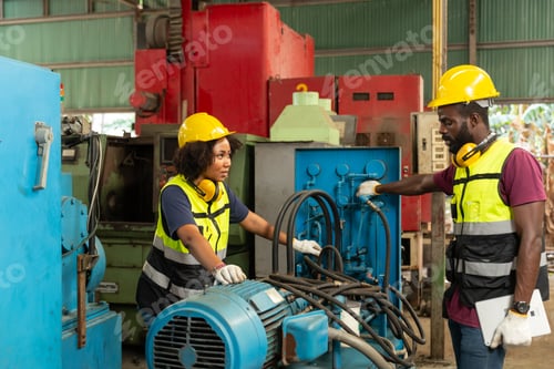 Preview: professional engineer worker male help assisting young women worker to check service old machine