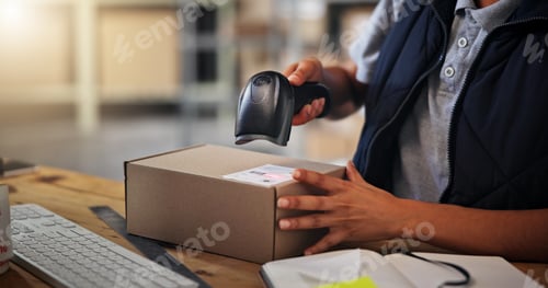 Preview: Supply chain, box and woman with scanner for delivery sticker, logistics and inventory for ecommerc