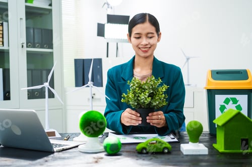 Preview: An Asian businesswoman sits at her desk, discussing clean energy solutions their impact on homes
