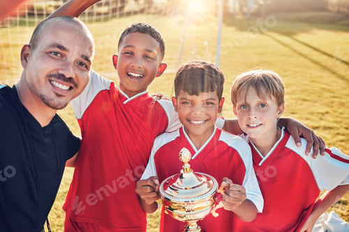 Preview: Soccer, football team and coach winning trophy from competition game with passion, motivation and t