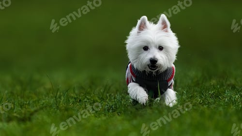 Preview: Closeup of an adorable West Highland White Terrier running on the grass