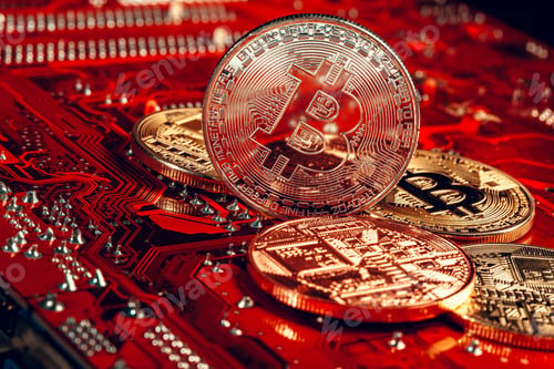 Preview: golden bitcoin and computer chip in background