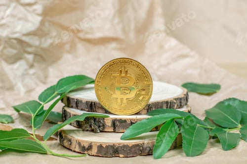 Preview: Bitcoin on wooden podiums against the background of crumpled parchment paper