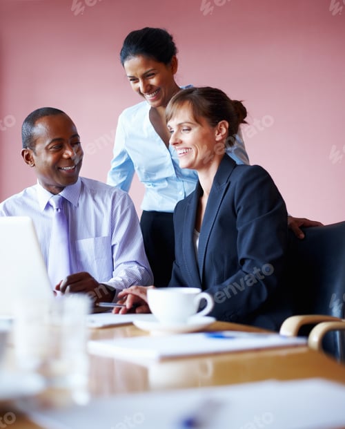 Preview: Executives happy to discuss ideas. Group of executives smiling while collaborating.