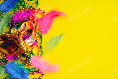 Preview: Carnival mask with feathers on yellow background.