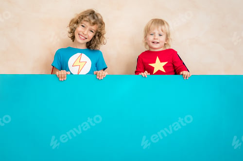 Preview: Superheroes children holding blue banner blank
