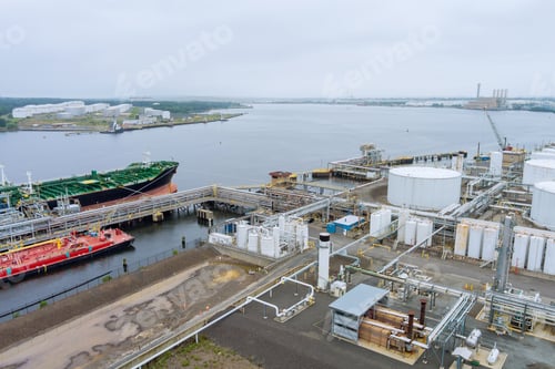 Preview: Aerial view transportation crude oil tanker oil storage tank terminal petrol