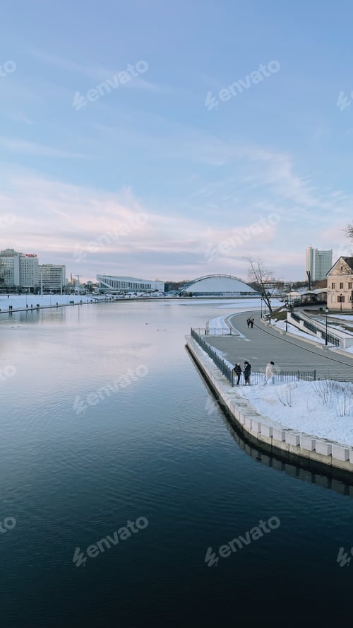 Preview: City center of Minsk. River and blue sky. Winter in city. Daylight. Urban scene.