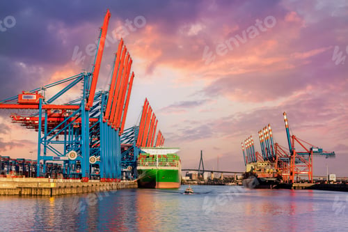 Preview: Scenic front giant cargo container ship loading Hamburg city port harbour seaport cranes warm