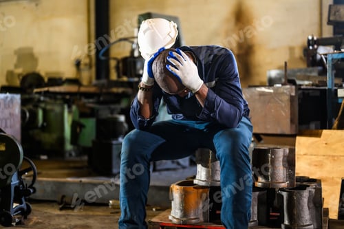 Preview: Unhappy mechanical engineer man with problem at factory