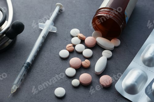 Vista previa: close up of pills spilling and syringe on black background