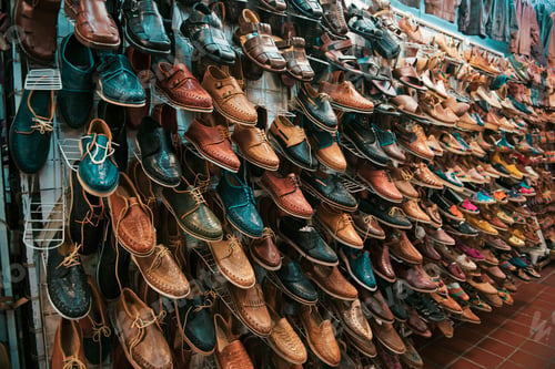 Preview: Wall of leather shoes at Mexican market