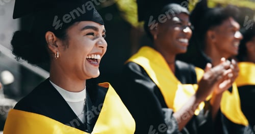 Preview: Woman, excited and students at university for graduation, peer support and happy for achievement. C