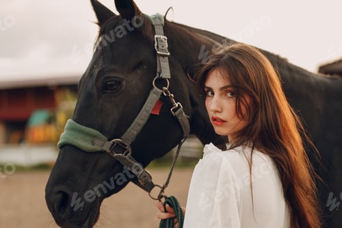 Preview: Woman with her horse at outdoors ranch