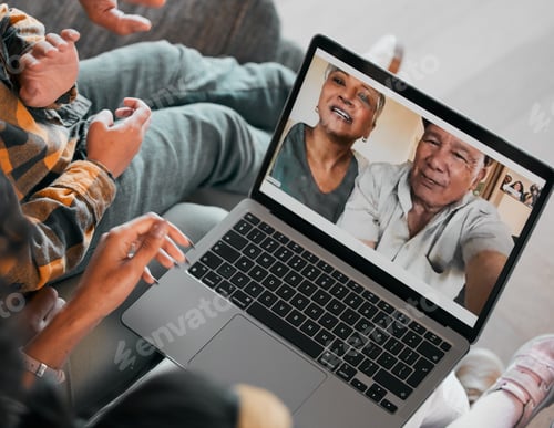 Preview: Video call, family and laptop screen with grandparents on living room sofa with greeting, kids and
