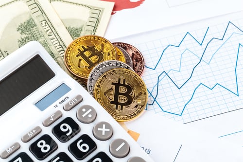 Preview: bitcoin, chart and us dollar. Finance trading