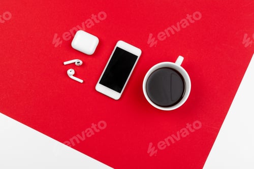 Preview: Mock up with copy space with smartphone on bright red background