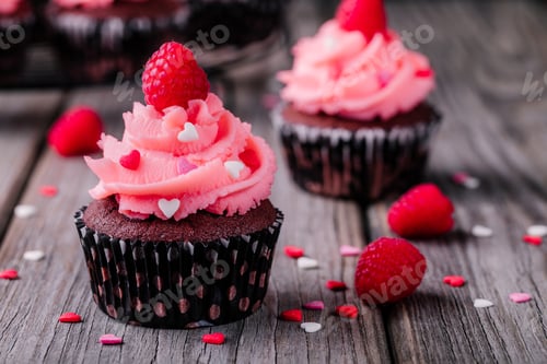 Preview: Delicious Cupcakes with Pink Frosting and Raspberries