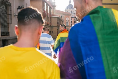 Preview: Two Joyful Gay Couples Embrace, Flaunting LGBT Adornments Amid Sunlit Cityscape