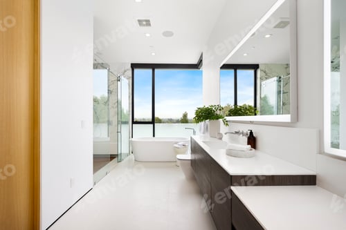 Preview: White bathroom with twin sinks and a sizable wall mirror