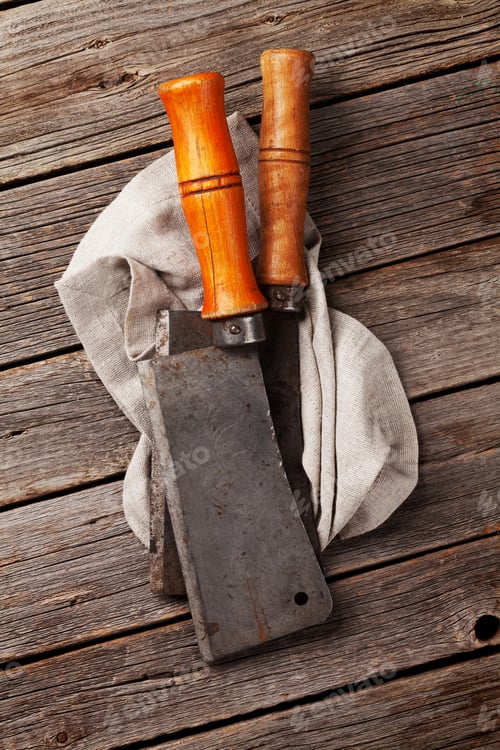 Preview: Butcher. Vintage meat knives and kitchen towel