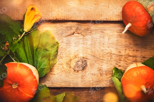 Preview: Autumn wooden background with pumpkins
