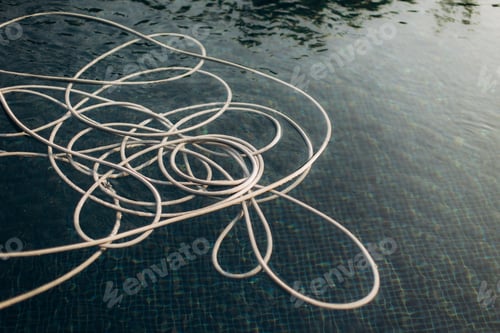 Preview: White floating hose in swimming pool reflecting sunlight