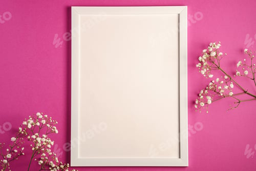 Preview: White picture frame with empty template, gypsophila flowers, pink purple background, mockup card