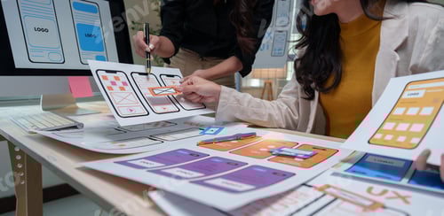 Preview: Two female web designers discussing mobile app user interface and experience while comparing printou