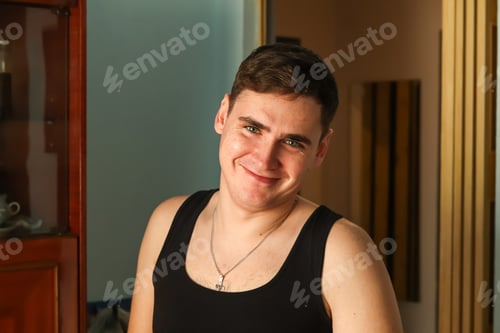 Preview: young man 25 years old smile indoor face