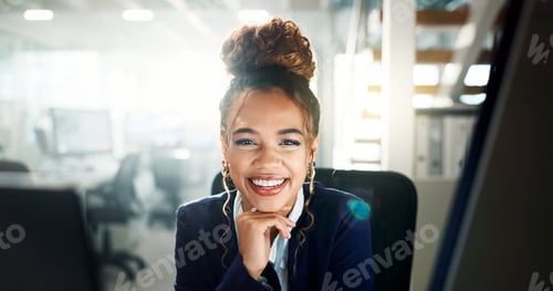 Preview: African woman, portrait and happiness in office at night, working for online newspaper on digital s