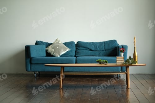 Preview: Living room design interior with sofa and round table.