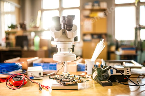 Preview: Modern microscope, electronic components in a scientific laboratory
