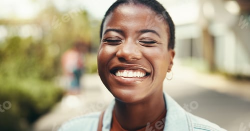Preview: Smile, face and black woman with teeth outdoor for dental hygiene, wellness and skin health. Eyes c