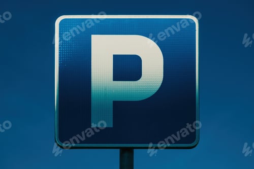 Preview: Parking area blue sign with white letter P illuminated by the warm sunset light