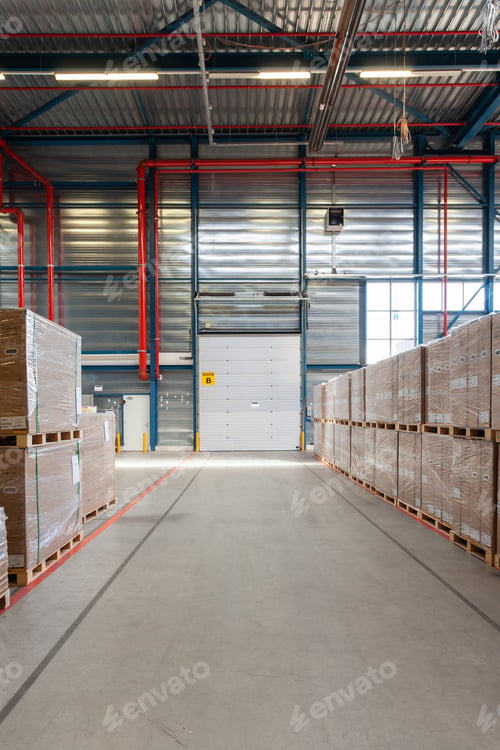Preview: Warehouse with a loading door and pallets with boxes