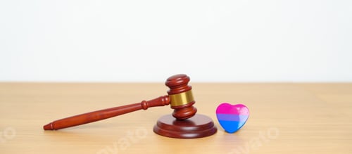 Preview: gavel justice hammer with purple, pink and blue heart shape for Lesbian, Gay, Bisexual, Transgender