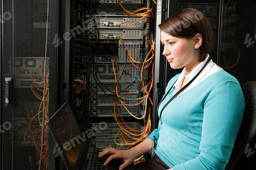 Preview: Female technician troubleshooting a network issue in a server room.