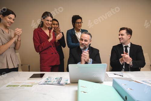 Preview: diverse business team leader discuss financial paperwork, Smart businessman and businesswoman