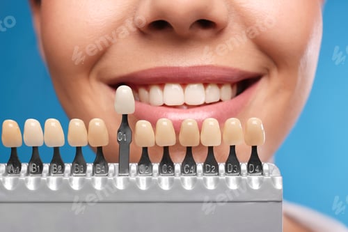 Preview: Woman checking her teeth color on blue background, closeup. Cosmetic dentistry