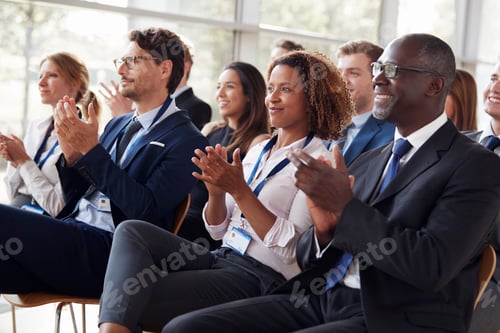 Preview: Smiling audience applauding at a business seminar