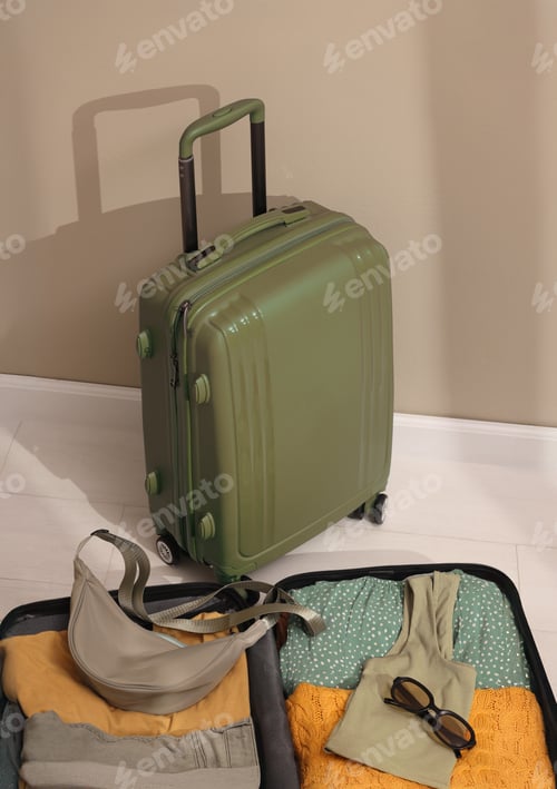 Preview: Suitcase with female clothes and accessories on white blanket. Vacation and travel concept
