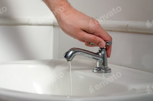 Preview: a white male hand turning off a sink faucet