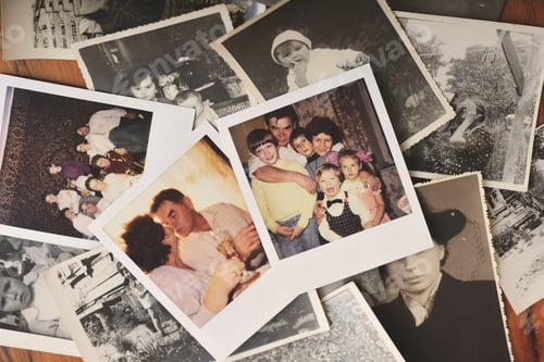 Preview: Pile of family photographs on table, overhead view
