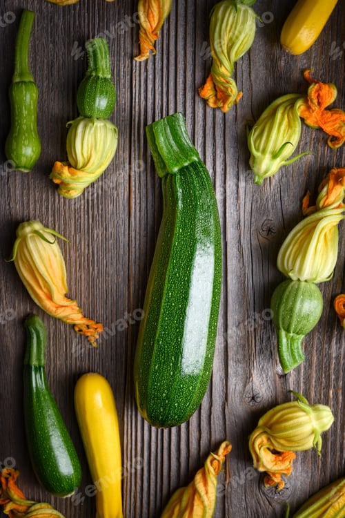 Vista previa: Freshly picked zucchini with blossoms on a textured wooden table