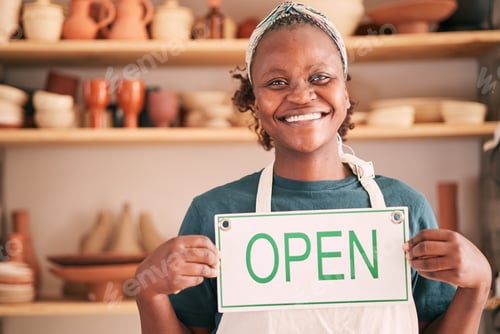 Preview: Small business, pottery and black woman with open sign for creative workshop, art studio and startu